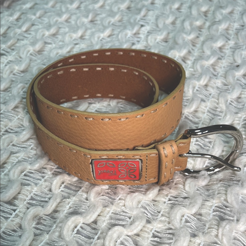 Fossil Tan Leather Belt with Red Enamel Floral and Silver Accents with Stitching